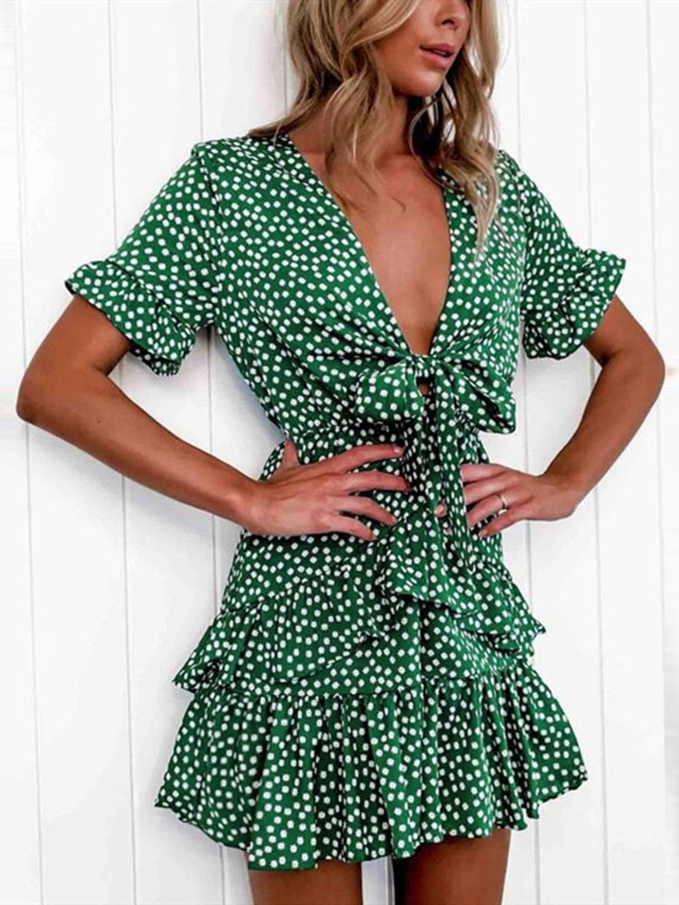 flowersverse Women Dress Boho Floral Ruffle Short Mini Dress Summer Knot V-Neck Party Holiday Dress Femme Vestido De Mujer