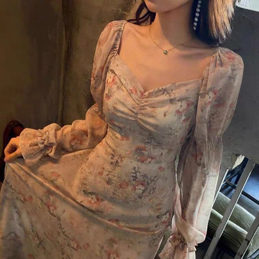 flowersverse Back to school outfit Romantic Chiffon Fairy Dress Woman Vintage Print Floral Square Collar Flare Sleeve Ruffles Midi Dress For Slim Lady Party Night