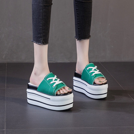 flowersverse 9.5Cm Super High Platform Flats Wedge Genuine Leather Women Summer Shoes Lace Up Open Toe Slides Slippers Mules Sandals