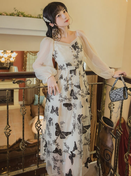 flowersverse Back to school French Style Mesh Lace Fairy Dress Woman Vintage Embroidery 3D Butterfly Lantern Sleeve Romantic Lady Midi Dresses Vestido Festa