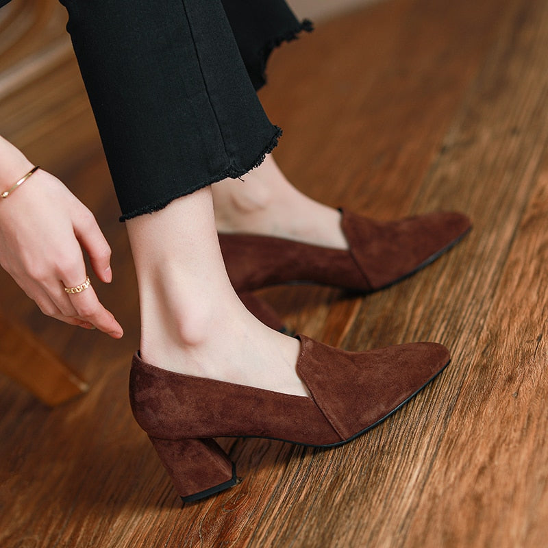 Back to school spring Women's pumps Natural Leather 22-24.5cm Sheep suede upper pointed Thick high heels shoes for women 4/6/8cm heel