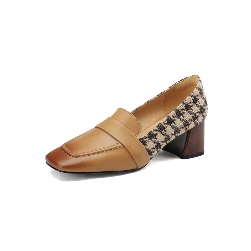Back to school new Spring women pumps natural leather plus size 22-25cm cowhide+Plaid full leather square toe thick heels women shoes