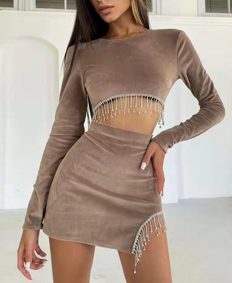 flowersverse Women Fashion Tassel Dress Two Piece Set Sexy Club Long Sleeve Tops And High Waisted Mini Skirt Suit Winter Outfits