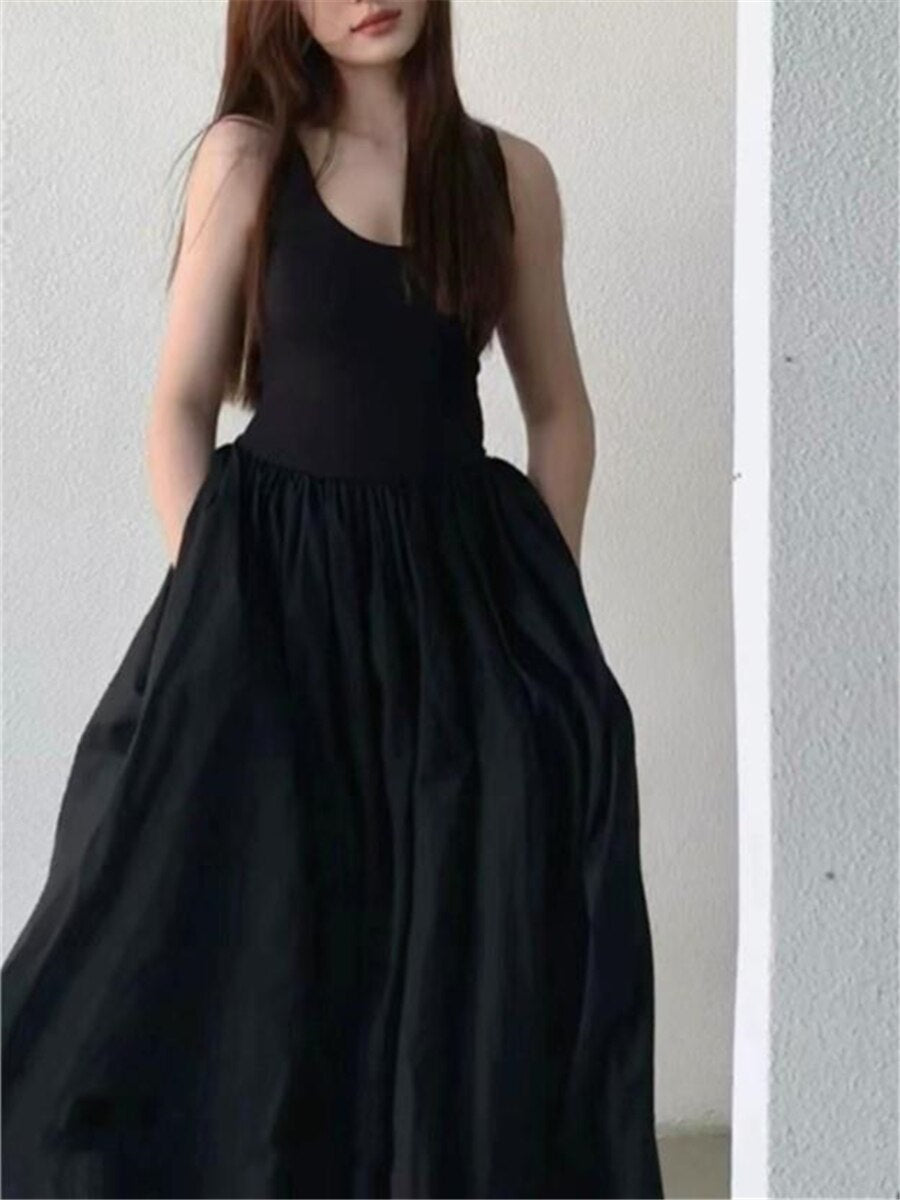 flowersverse Black Long Tank Dress Women Spring Summer O Neck Floor-length Office Lady Casual Pockets Dresses New Female Clothing