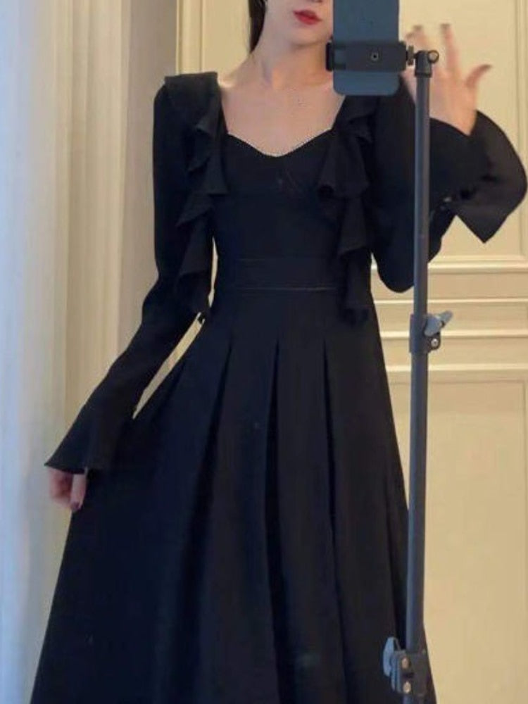 flowersverse Back to school outfit Summer Long Sleeve Pure Color Dress Woman Casual Elegant Midi Dress Vintage Korean Fashion Evening Party Dress Design Slim