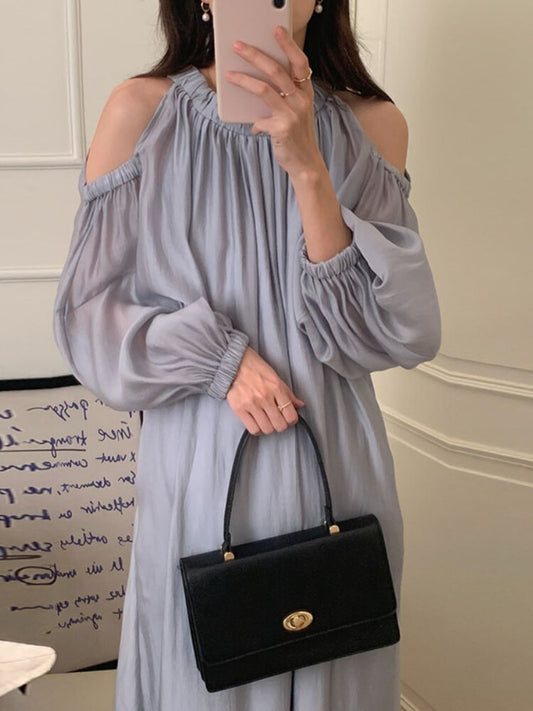 flowersverse Back to school outfit Elegant Dress Women Korean Chic Summer O Neck Off-The-Shoulder Design Loose Puff Sleeve Long Vestidos Mujer Female