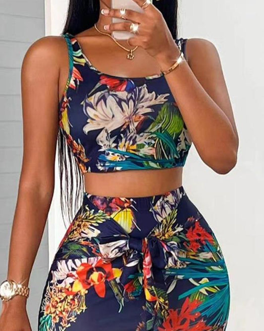 flowersverse Two Piece Sets Womens Outifits Summer Fashion Tropical Print U-Neck Sleeveless Crop Tank Top & Casual Skinny Midi Skirt Set
