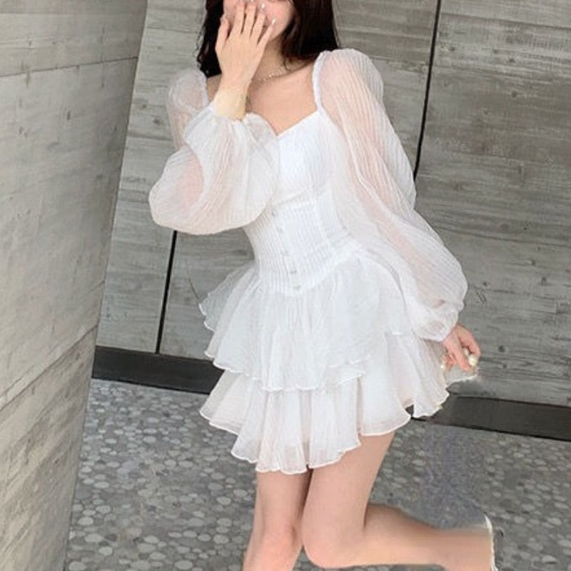 flowersverse Summer Bodycon Mini Dress Women Chiffon Puff Sleeve Short Party Dress Elegant Square Collar One Piece Dress Korean Casual