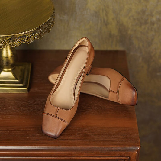 flowersverse new Spring women pumps natural leather 22-25cm length sheepskin+cowhide+pigskin full leather square toe shoes fashion