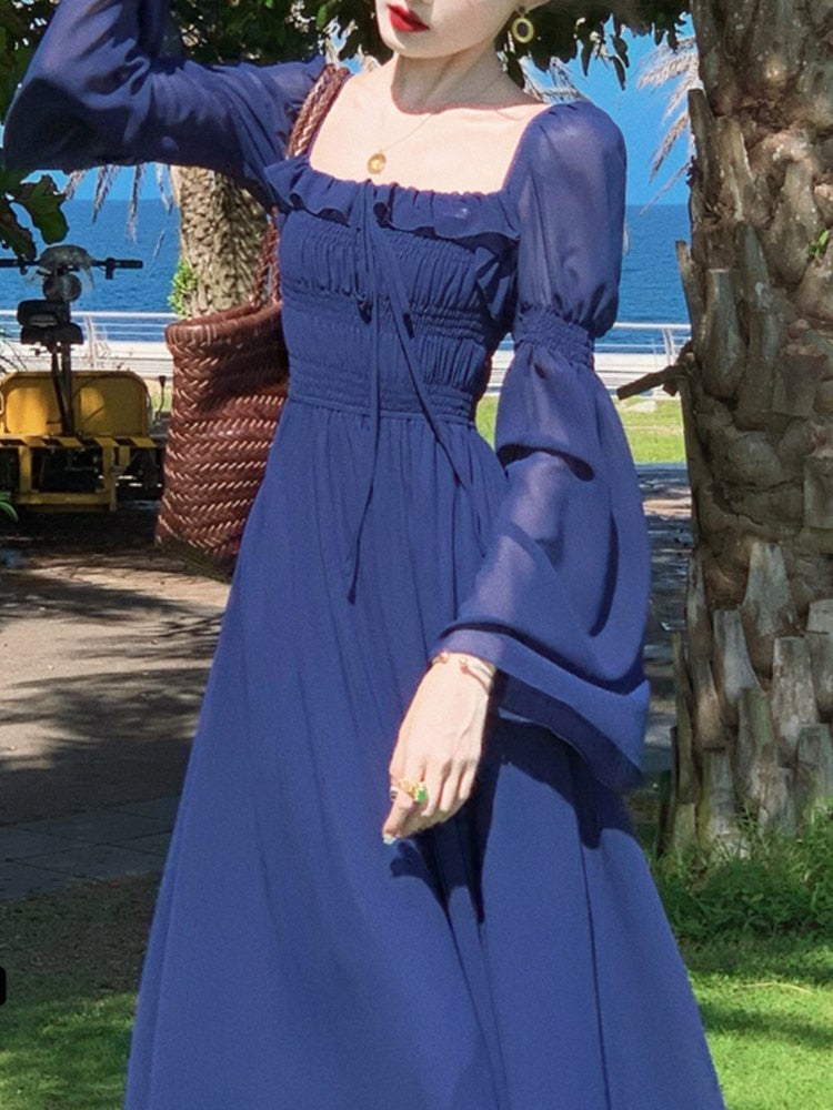 flowersverse Autumn Casual Elegant A-Line Party Dresses for Women Vintage Solid French Style Prom Robe Female Fashion Wedding Vestidos