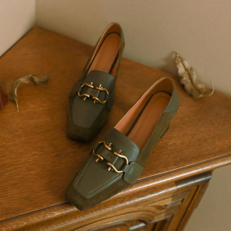 flowersverse-Retro Luxury Women's Shoes Pumps New Metal Decoration Square Toe Brand Mueller Shoes Green Designer High Heeled Loafers