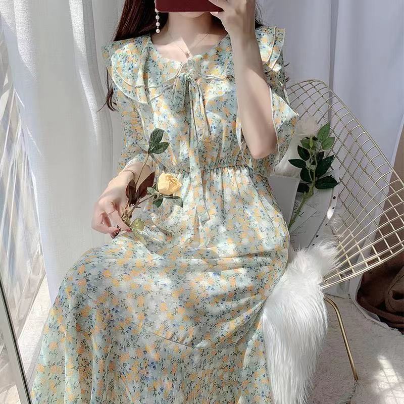 flowersverse Blue Mesh Vintage Dress Woman O-Neck Puff Sleeve Bodycon Dress Female Lace Up Flower Printed Elegant Woman's Clothing Chic