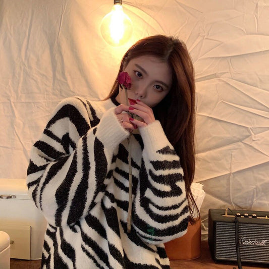 flowersverse Autumn Winter Top New Korean Zebra Print Loose Lazy Wind Pullover Warm Long Sleeve Bottomed Sweater