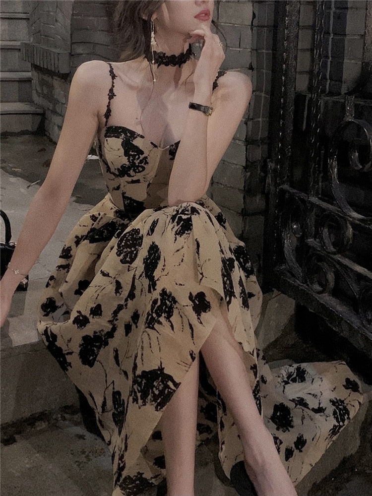 flowersverse Backless Sling Dress Women Summer New Vintage Sleeveless Ladies Vestido Summer Retro Chic Evening Party Design Midi Dresses