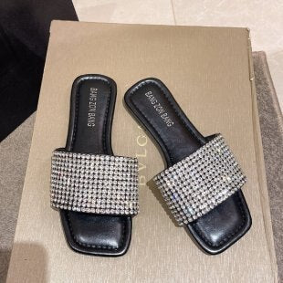flowersverse Summer Rhinestone Slippers New Women Fashion Wild Beach Flip Flops Bright Flat Bottom Outdoor Sandals For Women Shoes