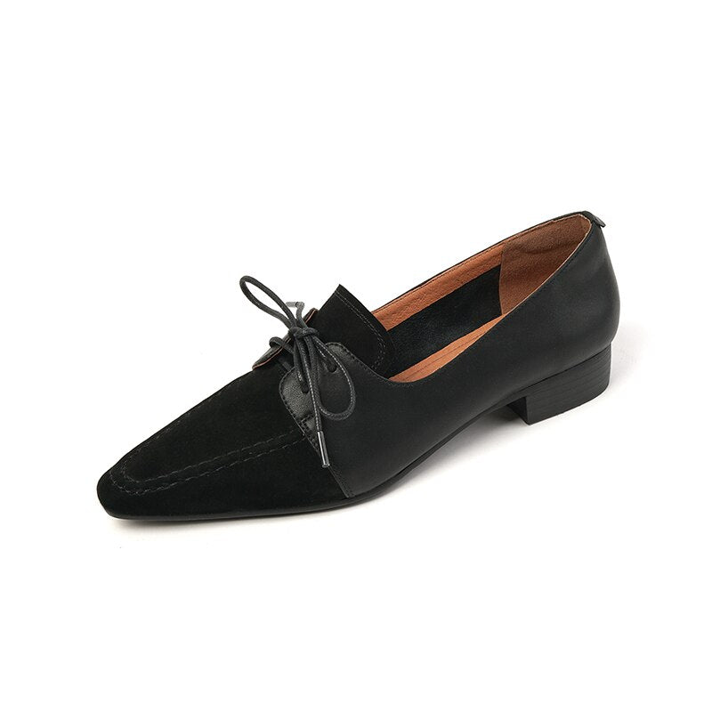 Back to school Women's pumps natural leather 22-24.5cm kid suede+cowhide upper Full leather small square toe lace-up shoes womens shoes