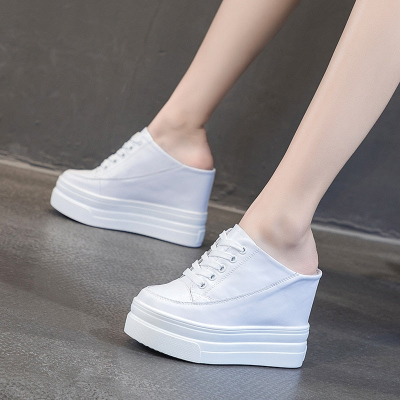 flowersverse 11Cm Platform Wedge Women Shoes Mules Genuine Leather Hidden Heel Women Summer Shoes Slides Sandals Slippers Spring Autumn