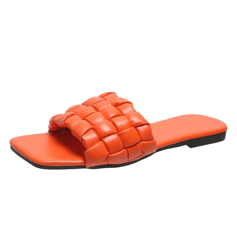 flowersverse Design Weave Soft Slippers for Women Summer Orange PU Leather Beach Flip Flops Female Square Toe Flat Sandals Plus Size 43