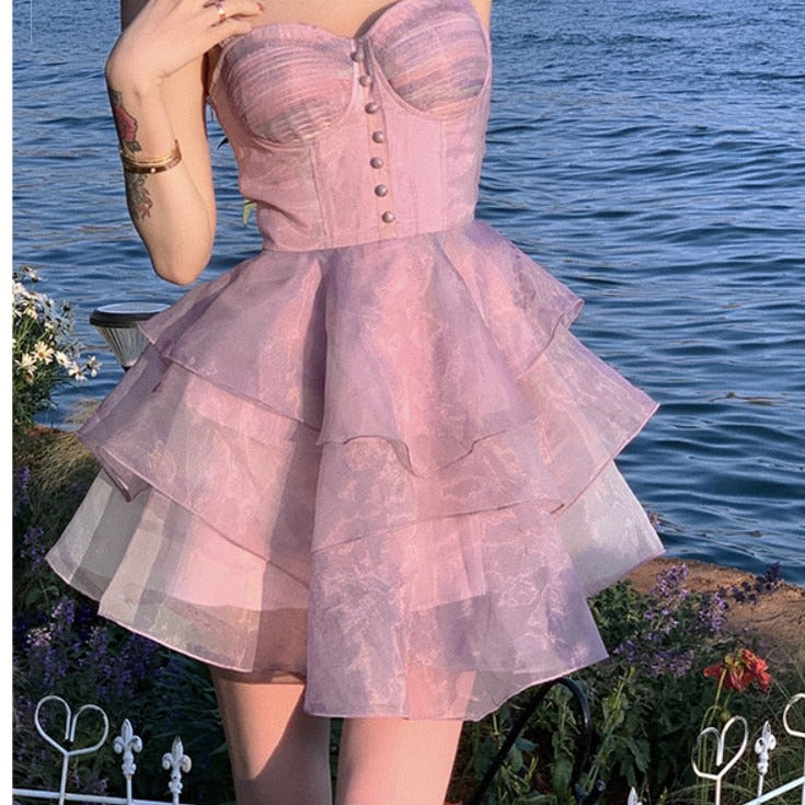 flowersverse Beach Strap Dress Women Sleeveless Design Lace Short Party Dress Evening Female Korean Clothing Elegant Chic Dress Summer