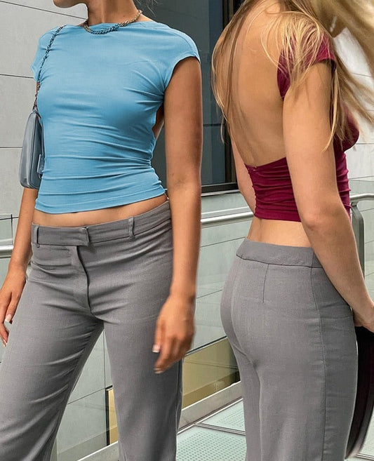 flowersverse Backless Short Sleeve Blue Y2K Crop Top Women Casual O Neck Summer T Shirts Vintage Cut Out