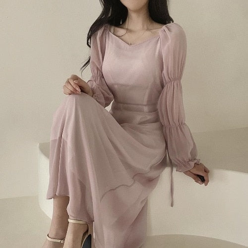 flowersverse Autumn Slim Bodycon Chiffon Dress Women Solid Elegant Casual A-Line Wedding Party Robe Chic One Pieces Female Vestidos Mujers