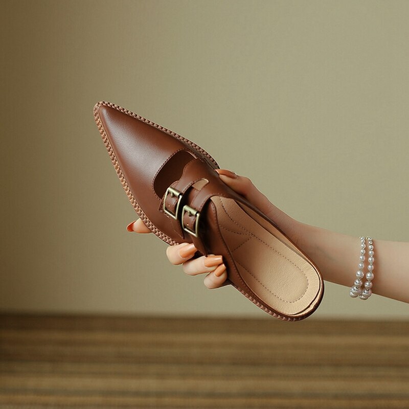 flowersverse Summer Women Slippers Split Leather Shoes for Women Covered Toe Chunky Heel Mules Slingback Women Sandals Elegent Handmade Shoes