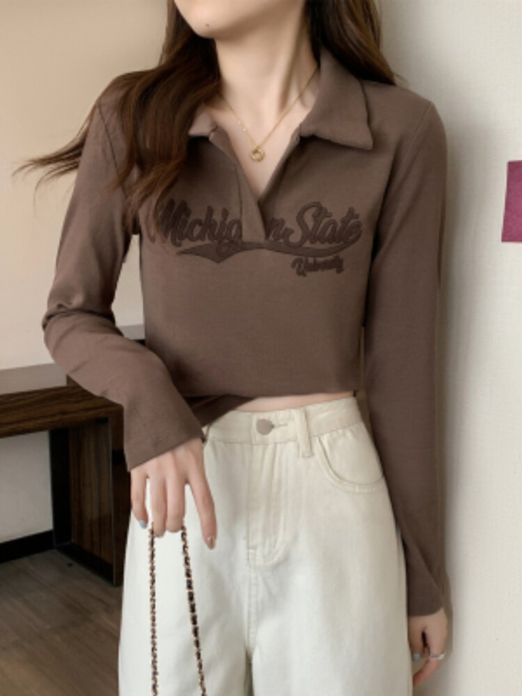 flowersverse Autumn Print Vintage T-shirt Women Korean Fashion Designer Slim Polo Shirt Female Long Sleeve High Street Y2K Casual Tops