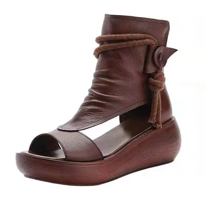 flowersverse-Shoes for Women Ladies Vintage Pu Leather Boots Fashion Women Sandals Summer Mid Heels Wedges Shoes Sandalias Mujer Sneakers