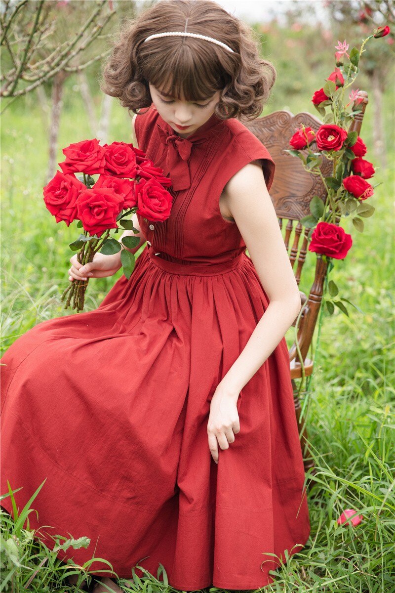 flowersverse Back to school outfit Vintage French Style Woman Outfits Retro Gothic Red Bow Sleeveless Tank Dress & Short Design Elegant Jacket Modern 2 Piece Set
