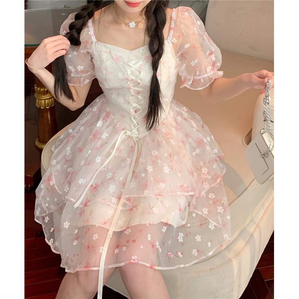 flowersverse Back to school outfit Kawaii Clothing Lolita Mini Dress Women Casual Short Sleeve Floral Beach Sundress Female Summer Even Party Dress Korean