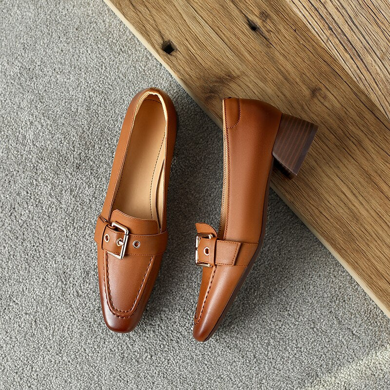 flowersverse new women pumps natural leather 22-25cm length cowhide+pigskin full leather Square toe Buckle Square heel ladies shoes