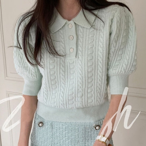 flowersverse Back to school outfit Elegant Knit Cardigan Korean Chic Summer Temperament Simple Pearl Buckle Csual Short Sleeve Thin Short Sweater Top