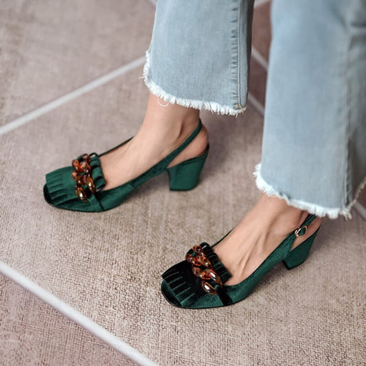 flowersverse Summer Women Sandals Flock Chunky Heel High Heels Retro Velvet Slingback Shoes for Women Crystal Tassel Women Pumps Party Shoes