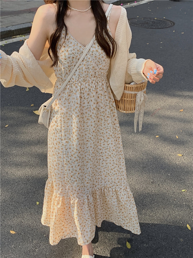 flowersverse Back to school outfit Floral Strap Dress Women Casual Elegant Vintage 2 Piece Dress Set Even Party Sleeveless Fashion Suits Korea Clothing Summer