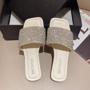 flowersverse Summer Rhinestone Slippers New Women Fashion Wild Beach Flip Flops Bright Flat Bottom Outdoor Sandals For Women Shoes