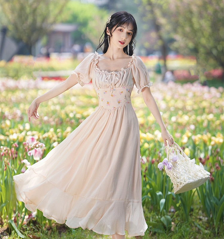 flowersverse Back to school Summer Vintage Cottage Style Woman Dress Mori Girl Embroidery Floral Petal Sleeve Bandage Retro Princess Dresses Vestido Festa