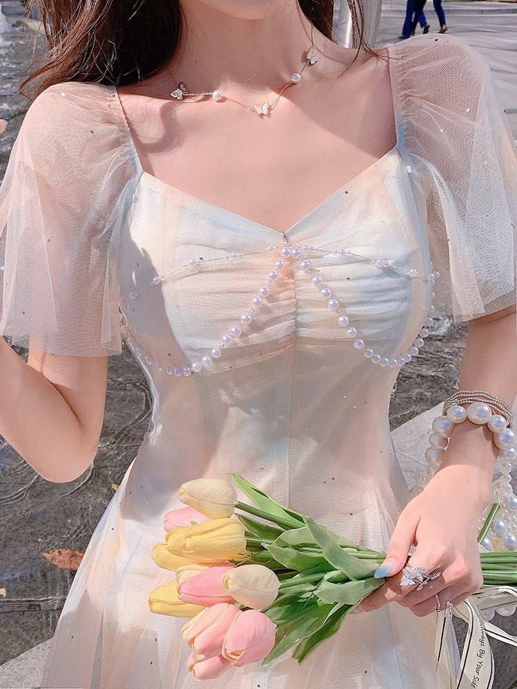 flowersverse Back to school outfit Korean Design Rainbow Fairy Dress Woman Summer Beading Flying Sleeve Sexy Mesh Dresses For Lady Party Night Vestido Mujer
