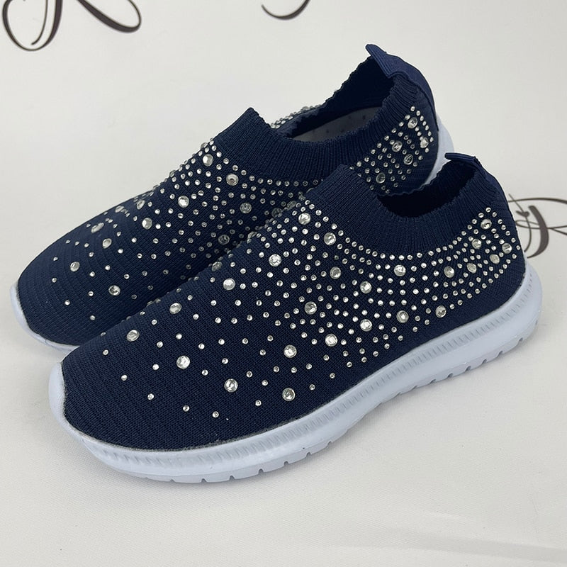 flowersverse Shining Crystal Flats Shoes for Women Plus Size Breathable Mesh White Sneakers Woman Spring Summer Soft Sole Sports Shoes