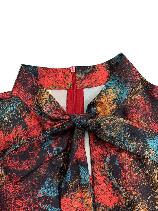 flowersverse Plus Size Tie Neck Mixd Print Belt Design A Line Dress AC2042