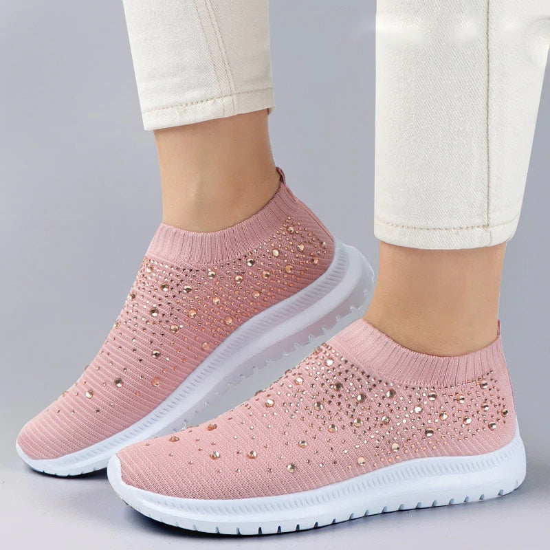 flowersverse Shining Crystal Flats Shoes for Women Plus Size Breathable Mesh White Sneakers Woman Spring Summer Soft Sole Sports Shoes