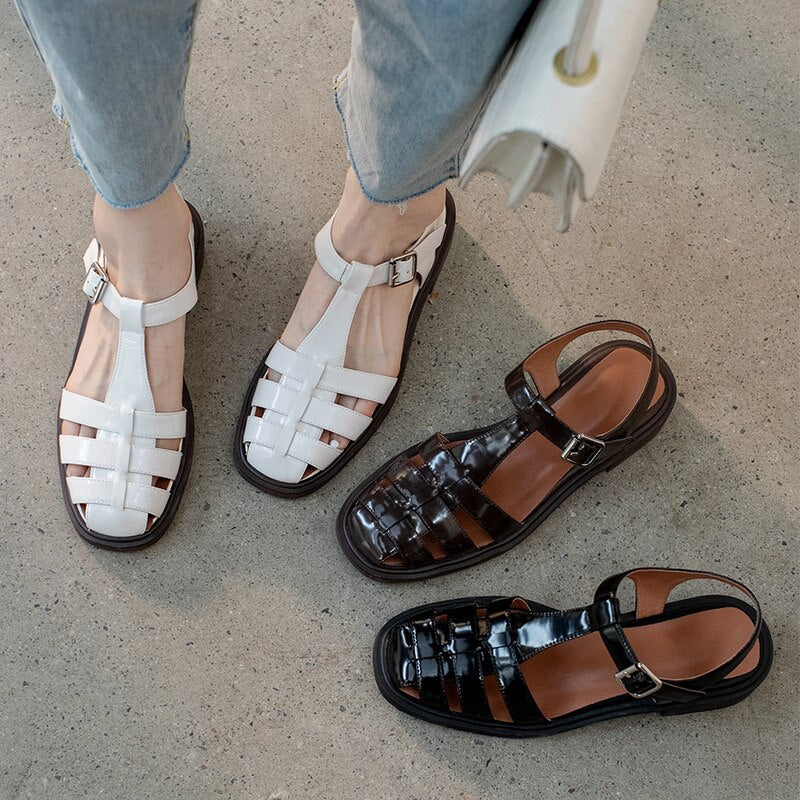 flowersverse new Women sandals natural leather 22-25cm cowhide+pigskin+sheepskin full leather Vintage Roman sandals fashion women shoes