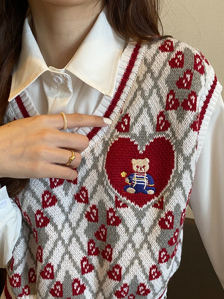 flowersverse Back to school outfit Women Knit Vest Autumn Winter New Love Bear Embroidered Sweet Short Sleeveless Outer Stacked Waistcoat Tops Casual