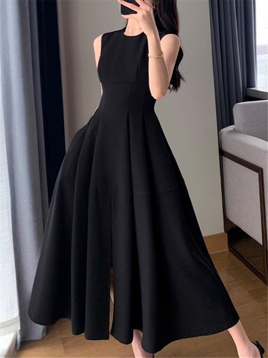 flowersverse Black Dress Women Summer New Elegant Sleeveless Fashion Evening Party Korean Midi White Dresses Vestidos Female Clothes