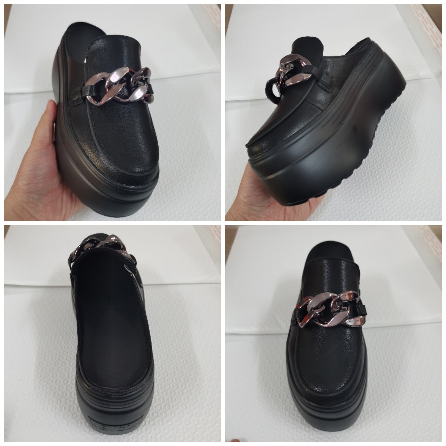flowersverse 7Cm Genuine Leather Platform Shoes Wedge Slippers Chain Women Summer Shoes Genuine Leather Mules Sandals Slides For Women