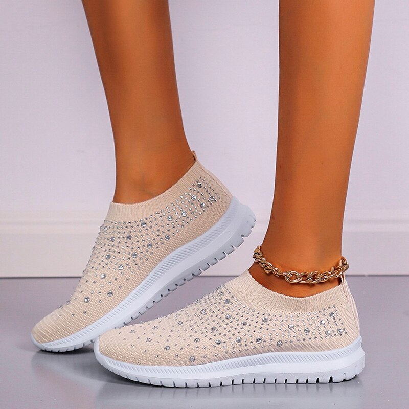 flowersverse Shining Crystal Flats Shoes for Women Plus Size Breathable Mesh White Sneakers Woman Spring Summer Soft Sole Sports Shoes