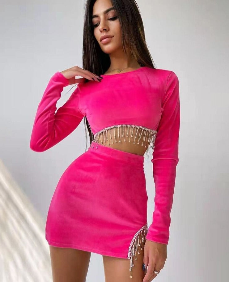 flowersverse Women Fashion Tassel Dress Two Piece Set Sexy Club Long Sleeve Tops And High Waisted Mini Skirt Suit Winter Outfits