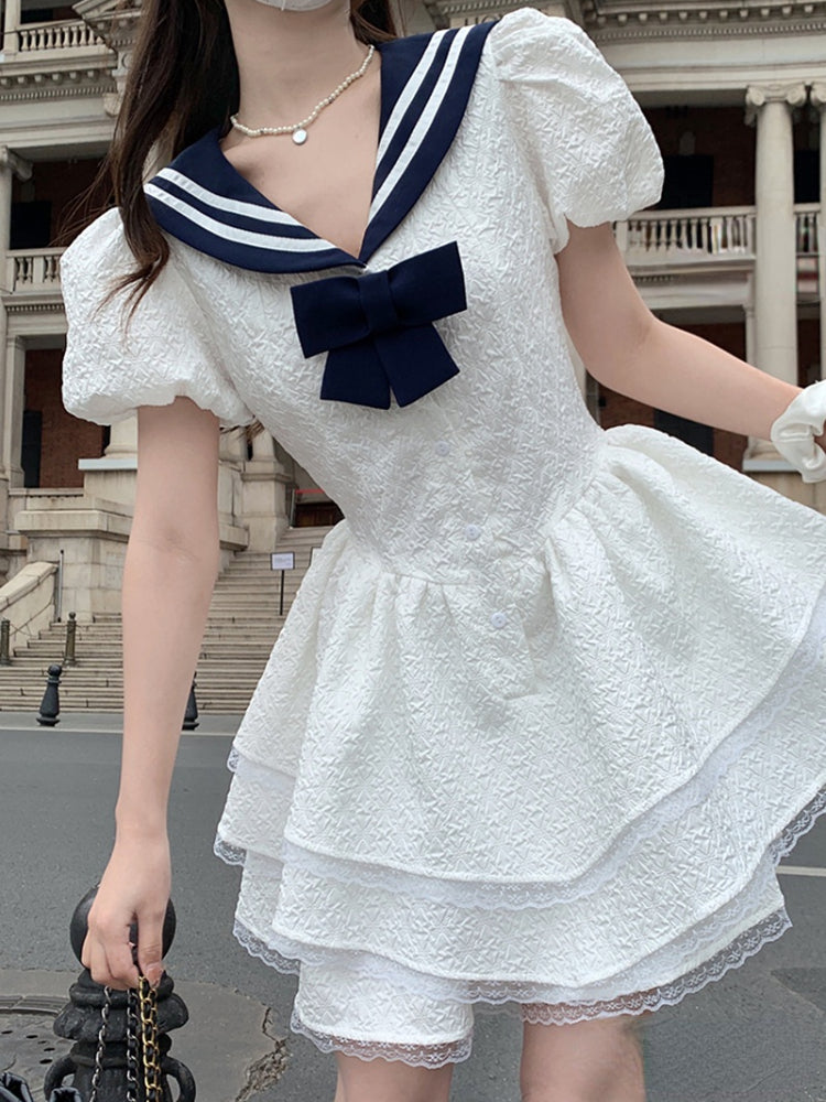 flowersverse Back to school outfit White Y2k Mini Dress Women Casual Sailor Collar Kawaii Clothing Lolita Evening Short Party Dress Elegant Vintage Summer