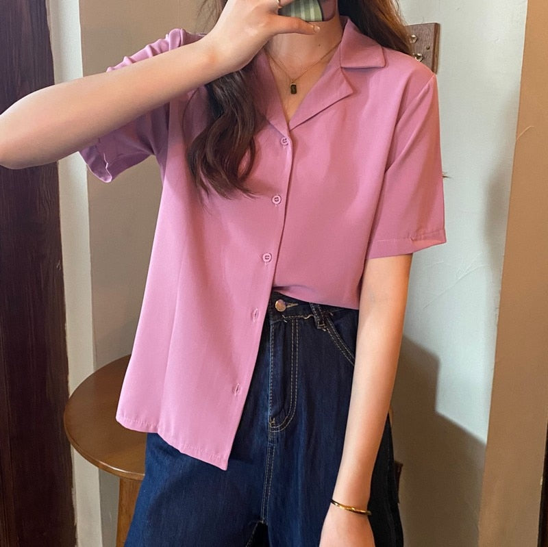 flowersverse 8 Colors Blouse Shirt For Women Summer Fashion Short Sleeve Notched Casual Office Lady White Shirts Tops Japan Korean Style