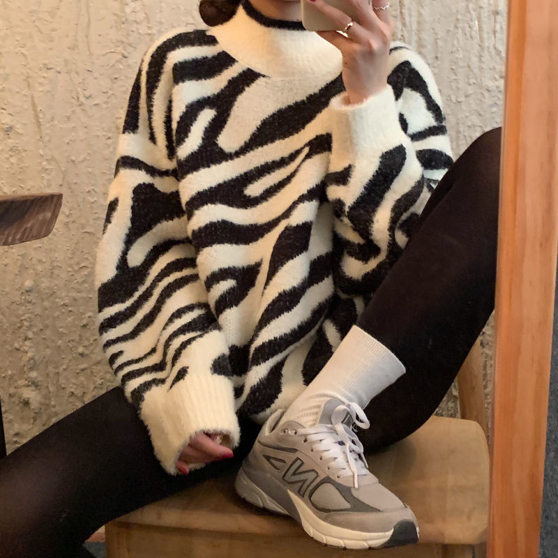 flowersverse Autumn Winter Top New Korean Zebra Print Loose Lazy Wind Pullover Warm Long Sleeve Bottomed Sweater