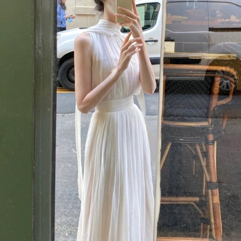 flowersverse Back to school outfit Summer Sleeveless Beach White Dress Party Women Pure Color Elegant Midi Dress Casual Lace One Piece Dress Korean Outwear